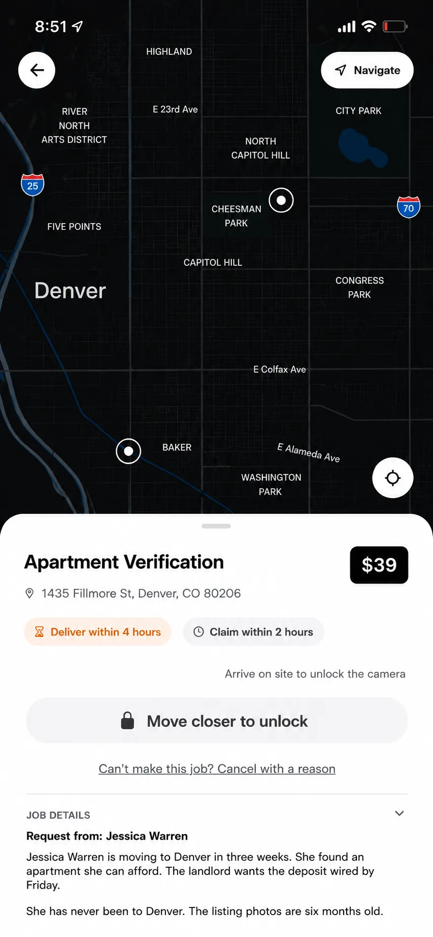 The job screen away from the address: the camera button is greyed out and reads Move closer to unlock.