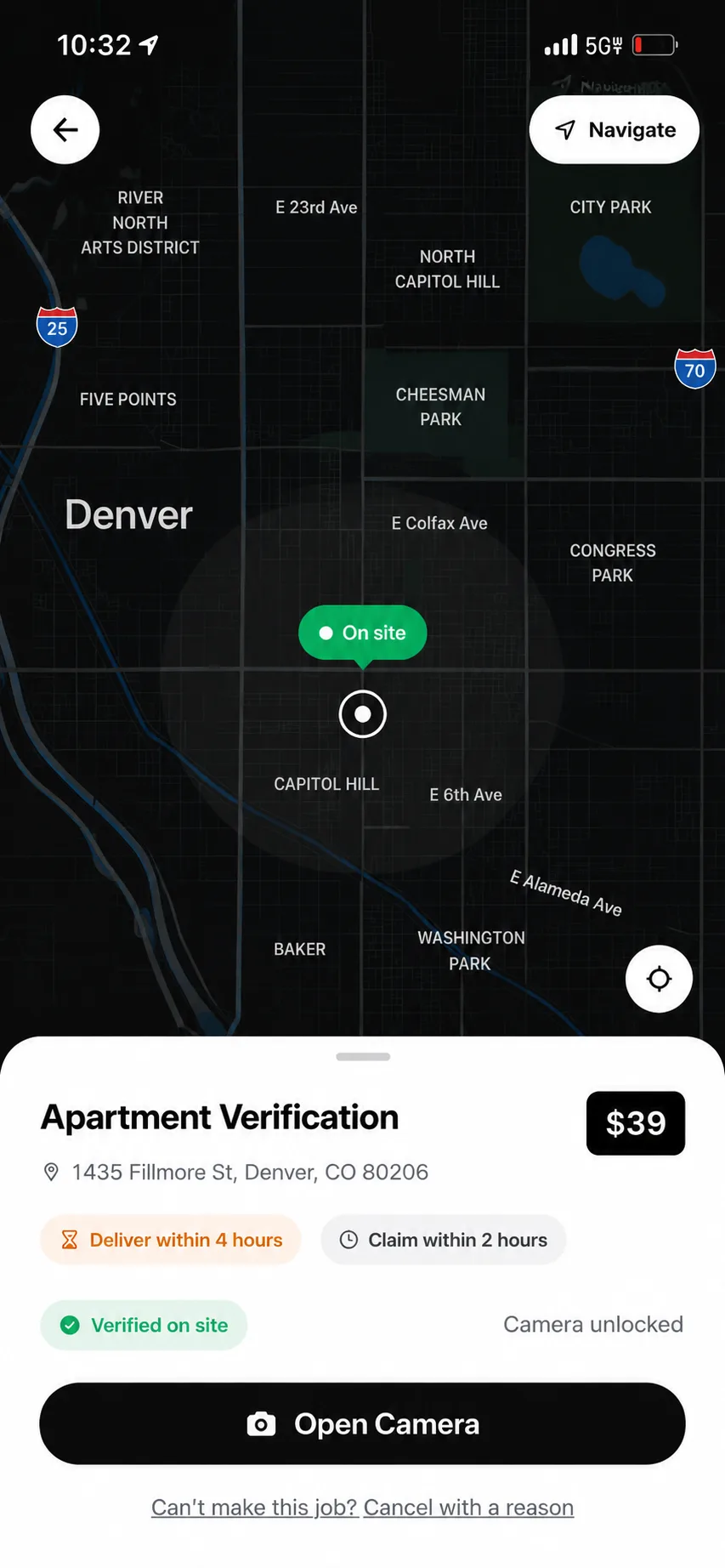 The same screen at the address: an On site marker, a Verified on site badge, and an active Open Camera button.