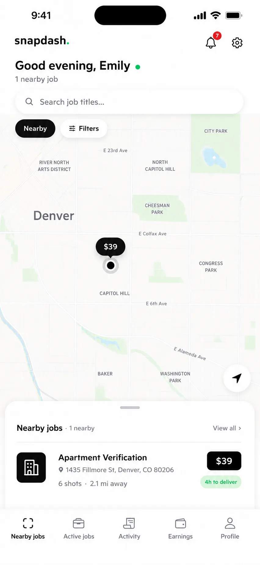 A map of nearby jobs with the fee shown on each pin.