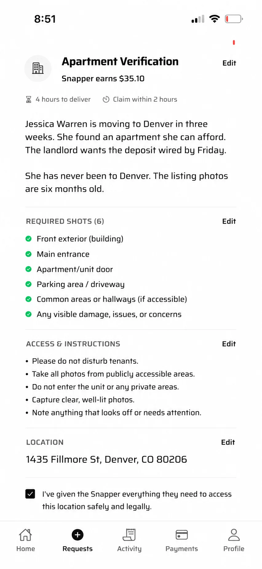 The job brief for 1435 Fillmore St listing each required shot.